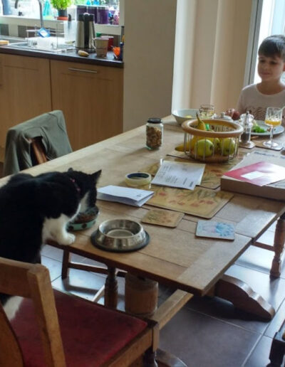 Harvey and Anton eating dinner